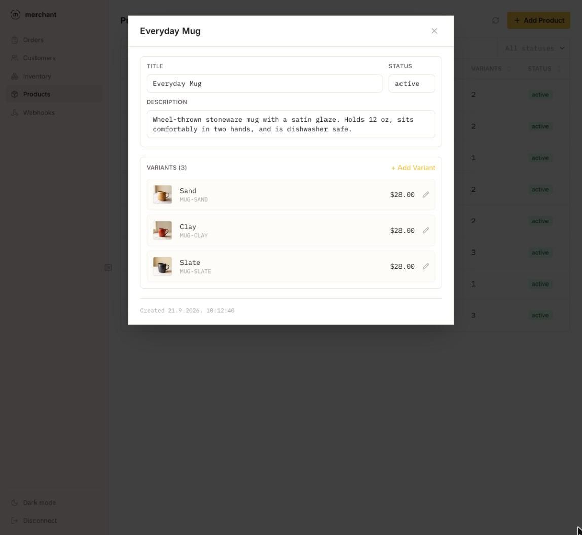Merchant admin product editor with three variants