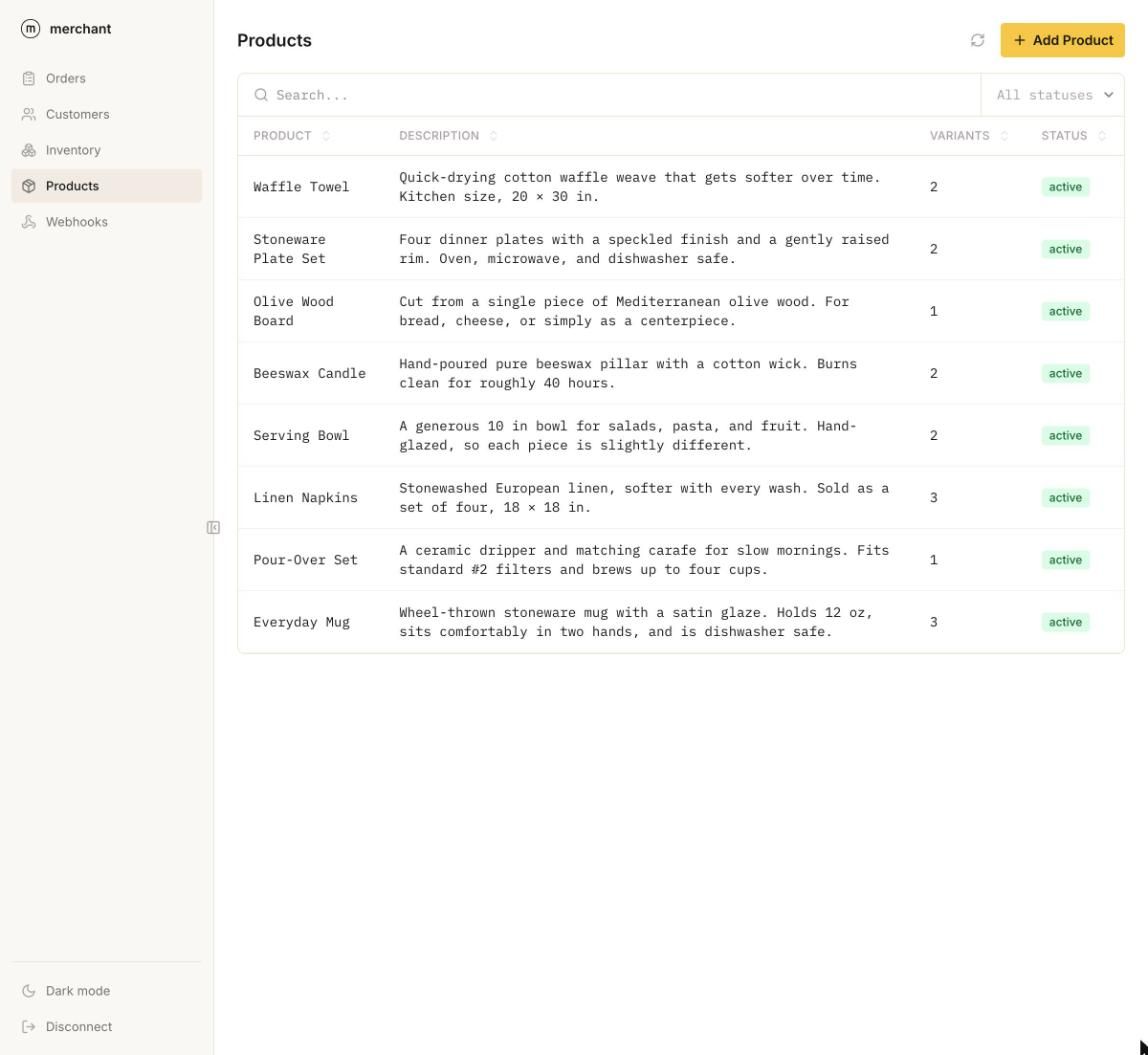 Merchant admin product list